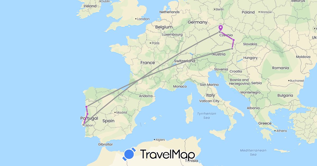 TravelMap itinerary: driving, plane, train in Austria, Czech Republic, Portugal (Europe)