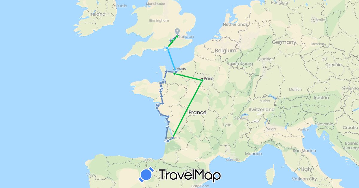 TravelMap itinerary: driving, bus, cycling, boat in France, United Kingdom (Europe)